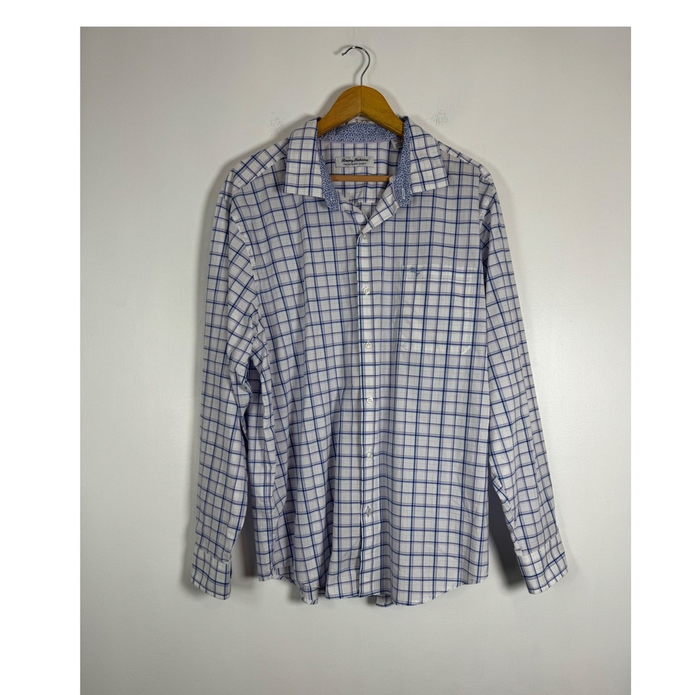 Coastal Tommy Bahama Mens XL Button Down Shirt White Blue Pink Plaid Pima Cotton